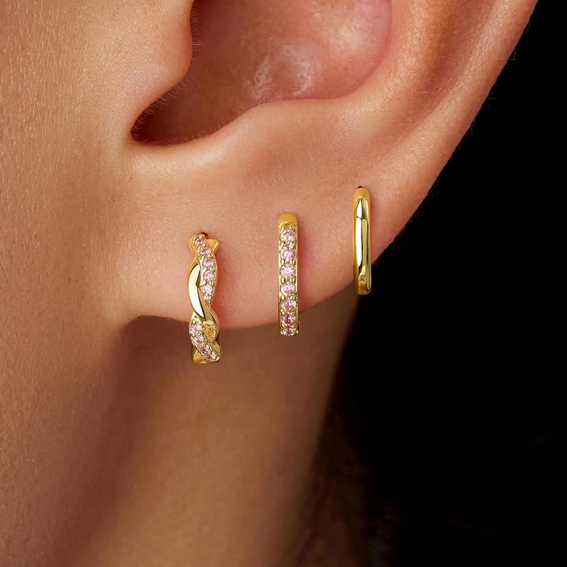 Inerney 14K Gold Plated Huggie Hoop Earrings for Women, Small Sterling Silver Earring Set Hypoallergenic Cartilage Helix Stacks, Mini Dainty Cute Trendy Birthstone Jewelry Gift for Multiple Piercings - Image 2